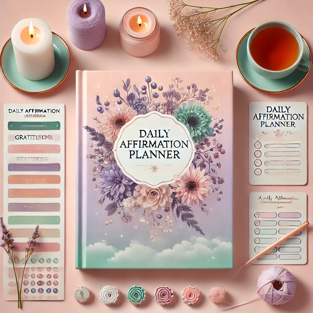 DALL·E 2025-01-01 17.04.33 - A visually stunning product image for a Daily Affirmation Planner. The planner is displayed with a serene and uplifting design, featuring pages for af